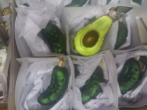 Pickled gherkins and avocado Christmas ornaments